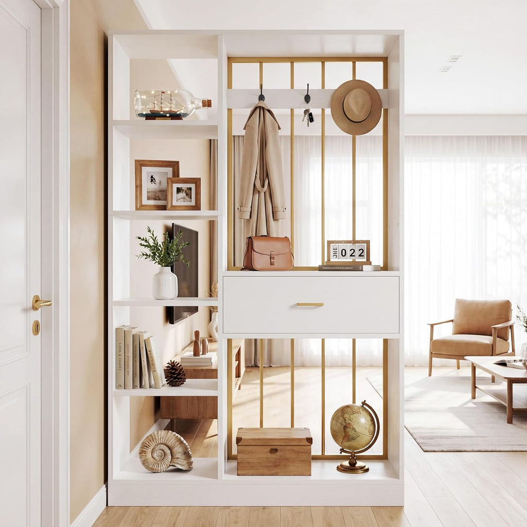 Tribesigns 70.8-Inch Wall Room Divider with Shelves, Modern Freestanding Room Divider with Drawer & Coat Racks, Wood Wall Partition Room Dividers for Room Separation, Home, Office, White & Gold
