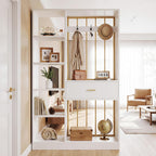 Tribesigns 70.8-Inch Wall Room Divider with Shelves, Modern Freestanding Room Divider with Drawer & Coat Racks, Wood Wall Partition Room Dividers for Room Separation, Home, Office, White & Gold
