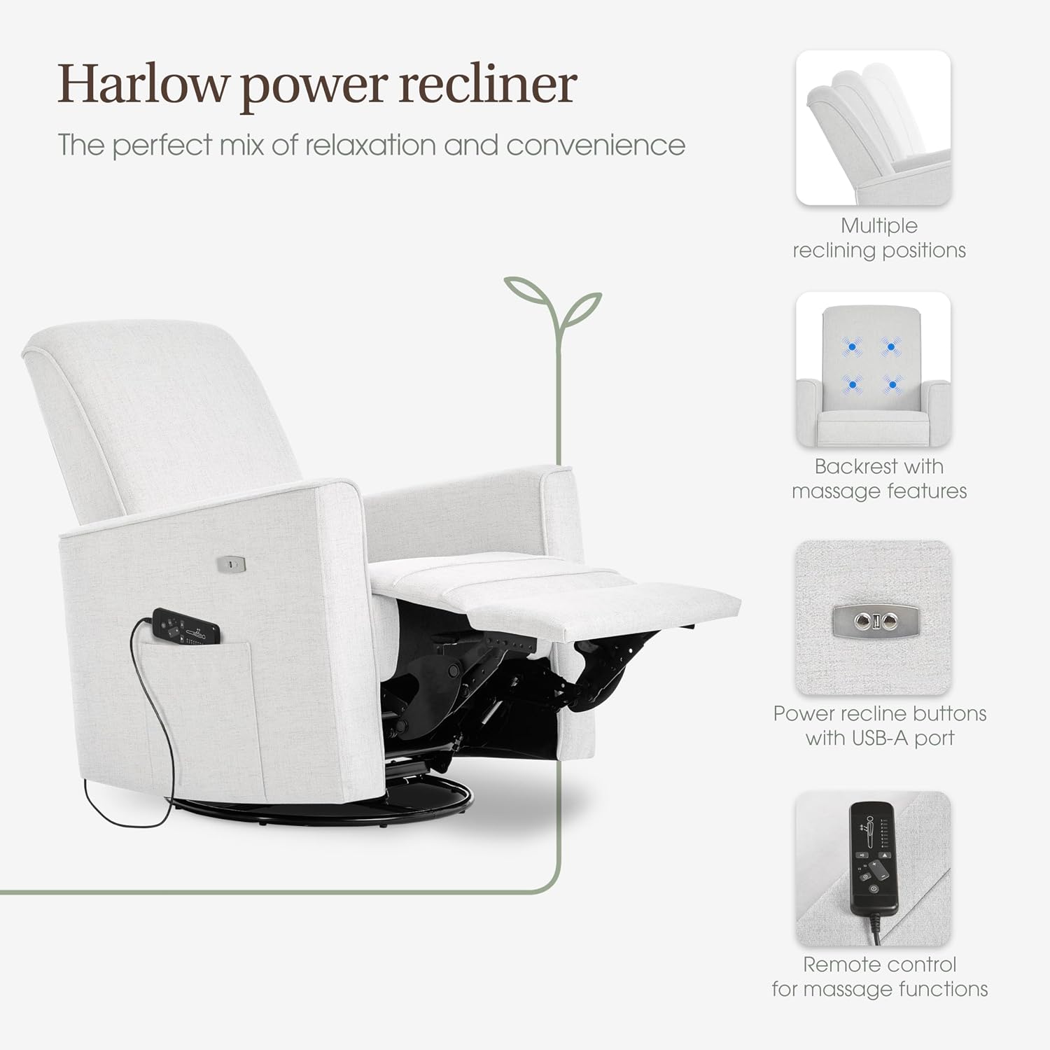 Evolur Harlow Deluxe Upholstered Plush Seating Glide Rocker, Swivel, Power Recliner USB Port with in-Built Massager, Greenguard Gold Certified, Glider Chair for Nursery in Fog Grey