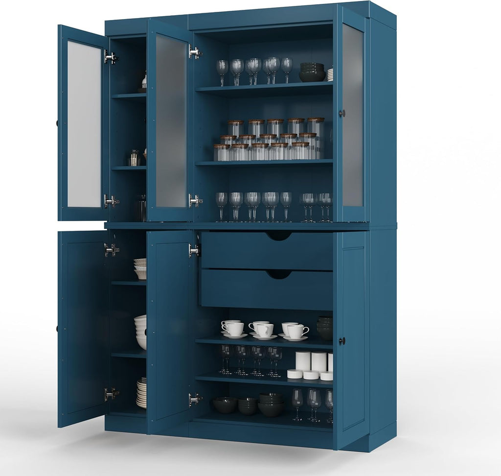 Palace Imports 100% Solid Wood 48.5"" Pantry China Cabinet with Raised Panel, Frosted Glass Doors, 2-Drawers and Adjustable Shelves