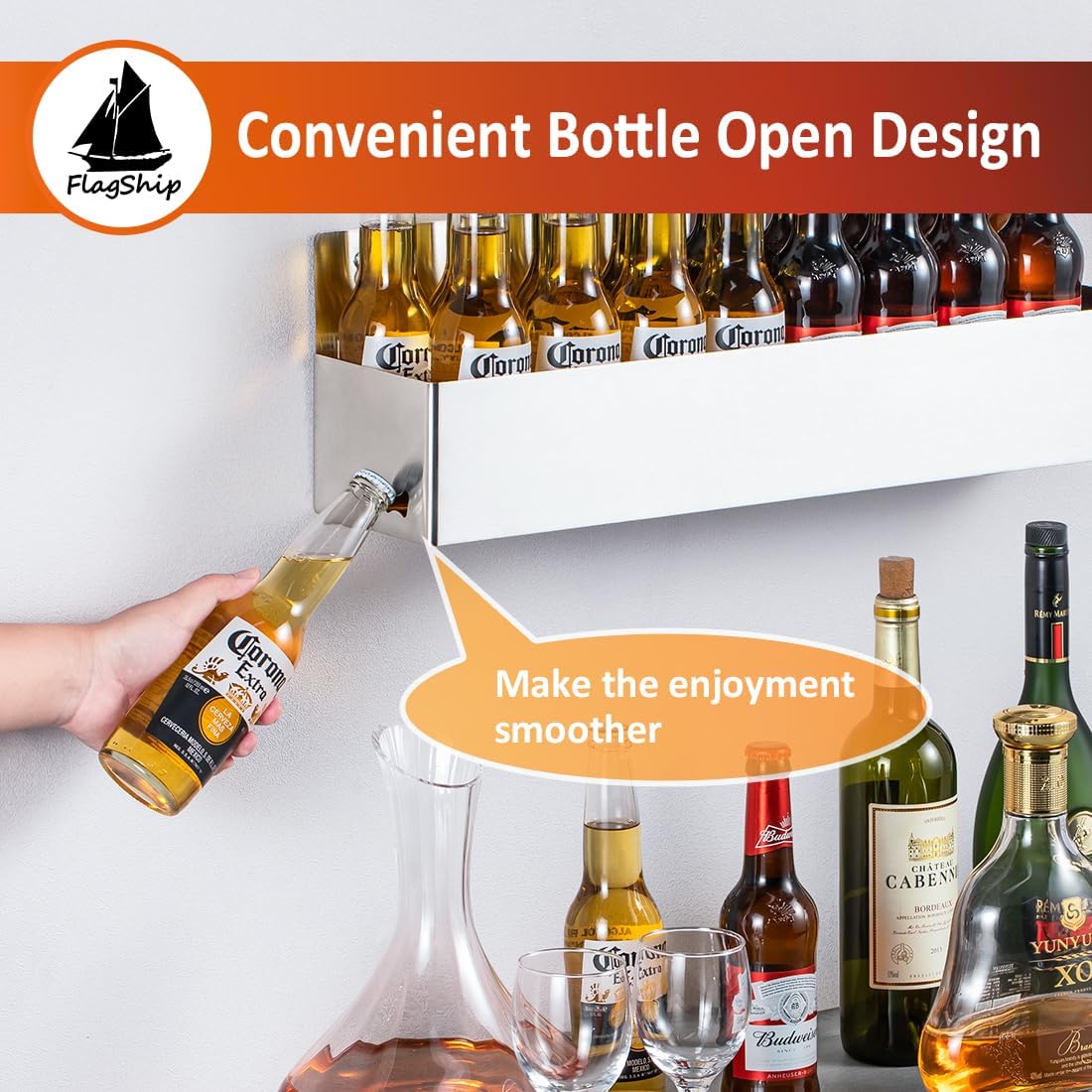 FlagShip Speed Rail 22 Inch Stainless Steel Liquor Bottle Holder Wall Mounted Syrup Rack Bottle Storage for Bar,Kitchen,Coffee Station