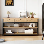 HSH Sofa Table with Storage, 55” Wood Entryway Table with 3 Drawers, 3 Tier Console Table Behind Couch for Living Room, Farmhouse Wooden and Metal Entry Hallway Table for Entrance, Oak, 55 in