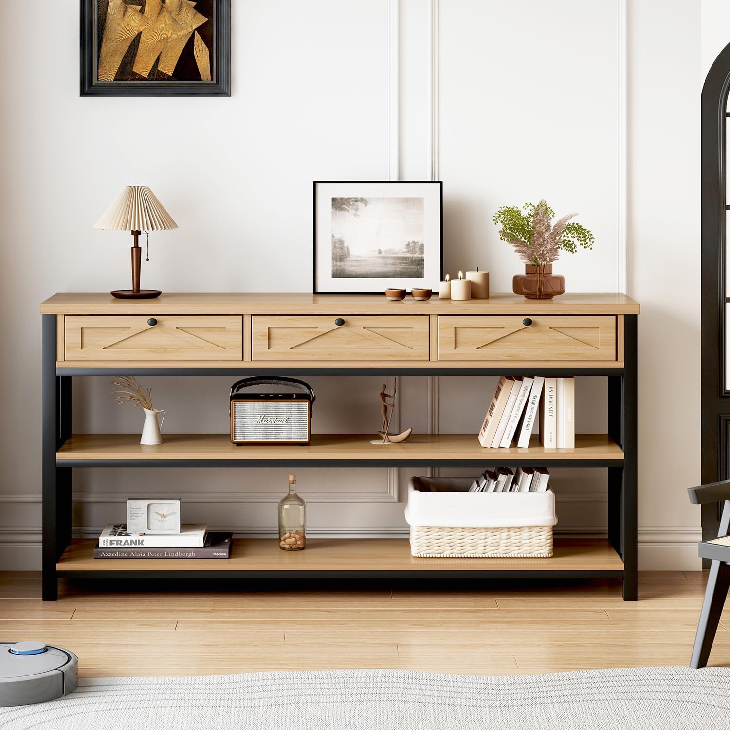 HSH Sofa Table with Storage, 55” Wood Entryway Table with 3 Drawers, 3 Tier Console Table Behind Couch for Living Room, Farmhouse Wooden and Metal Entry Hallway Table for Entrance, Oak, 55 in