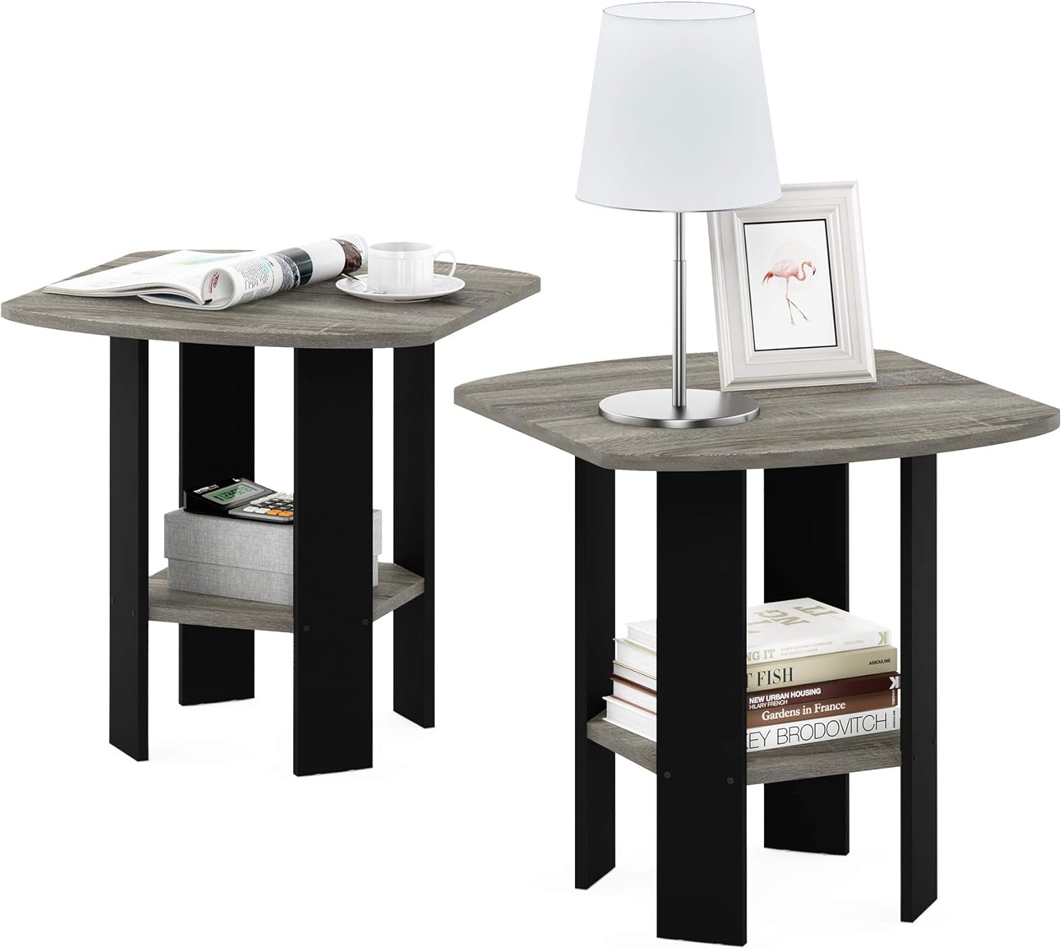 Furinno Simple Side Table Set of 2, 2-Tier Grey End Table with Soft Edges, Open Shelf Night Stand, Bedside Table, for Living Room, Bedroom, Grey Oak