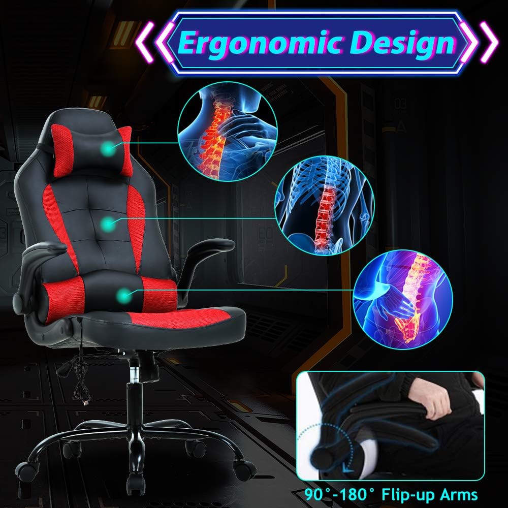 Gaming Chair Ergonomic Home Office Video Game Chairs Massage PU Leather Computer Chair Adjustable Swivel Chairs with Lumbar Support Headrest, Red