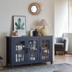Joaxswe Large Sideboard Buffet Cabinet with Storage, 55" Farmhouse Credenza with 3 Glass Doors, Adjustable Shelves Console Table, Wood Kitchen Coffee Bar for Dining Room, Living Room, Navy Blue