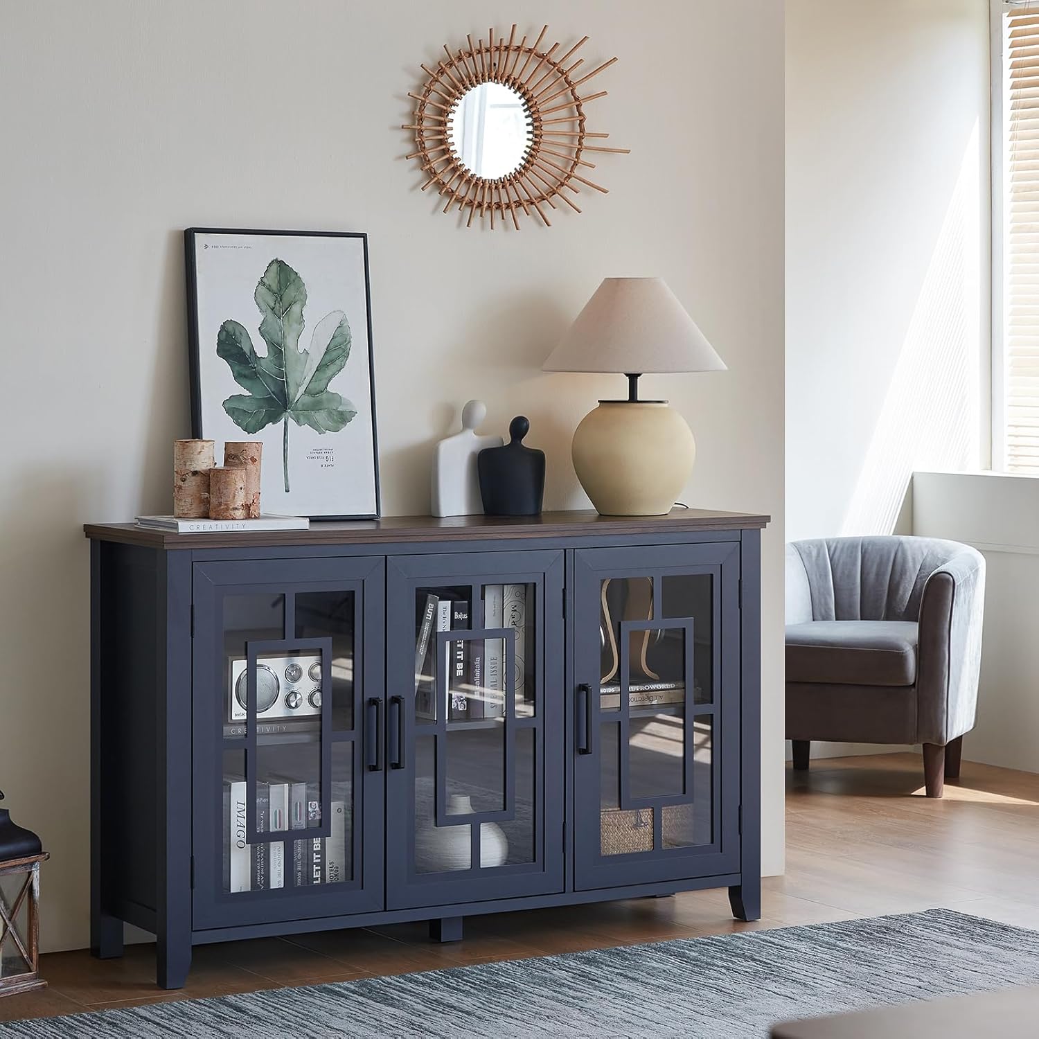 Joaxswe Large Sideboard Buffet Cabinet with Storage, 55" Farmhouse Kitchen Coffee Wine Bar Cabinet with 3 Glass Doors, Wood Mid Century Modern Side Board Table for Dining Room, Living Room,Navy Blue