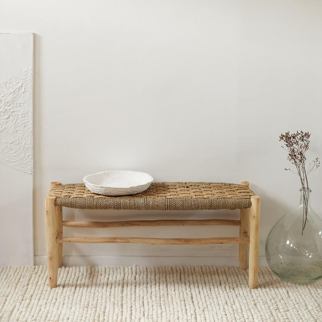 Home Maison Plaited Checked Bench 100 cm Raw Laurel Wood and Doum Palm Fibre, Natural, 100 x 35 x 35 cm