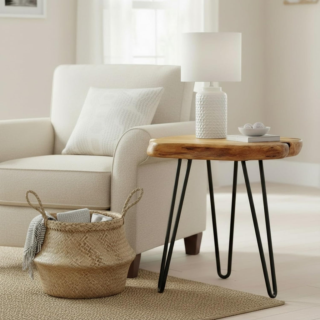 WELLAND Live Edge Side Table with Hairpin Legs, Natural Edge Side Table, Small Nightstand Wood, 15.5" Tall