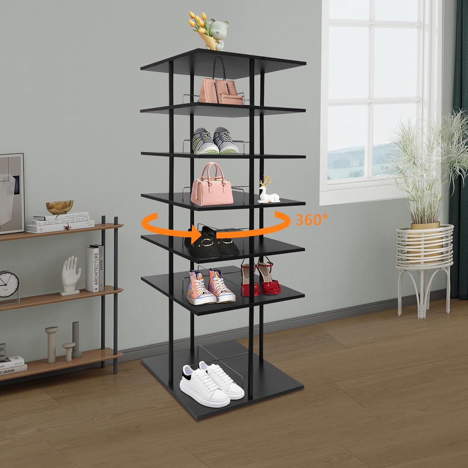 Rotating Shoe Rack, 6-Tier Shoe Storage Organizer with 360° Swivel Shelves, Holds Up to 24 Pairs, Floor Standing Shoe Shelf for Closet, Entryway & Bedroom