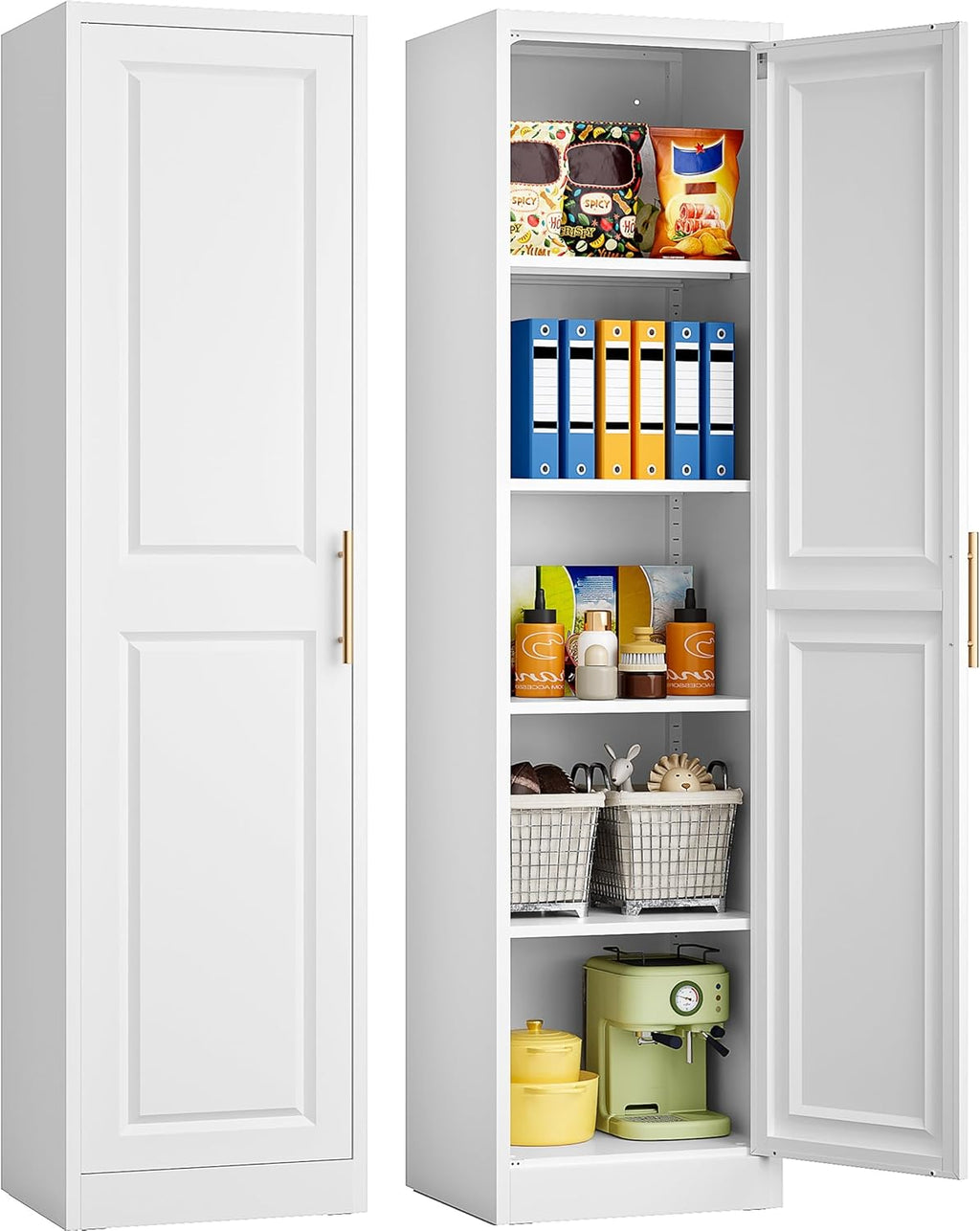 SISESOL 71" Tall Narrow Storage Cabinet with 1 Door and 5 Shelves,Slim Kitchen Pantry Cabinet,White Metal Bathroom Cabinets,Large Cupboard for Home,Kitchen,Laundry,Bathroom