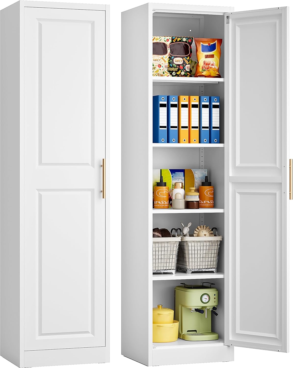 SISESOL 71" Tall Narrow Storage Cabinet with 1 Door and 5 Shelves,Slim Kitchen Pantry Cabinet,White Metal Bathroom Cabinets,Large Cupboard for Home,Kitchen,Laundry,Bathroom