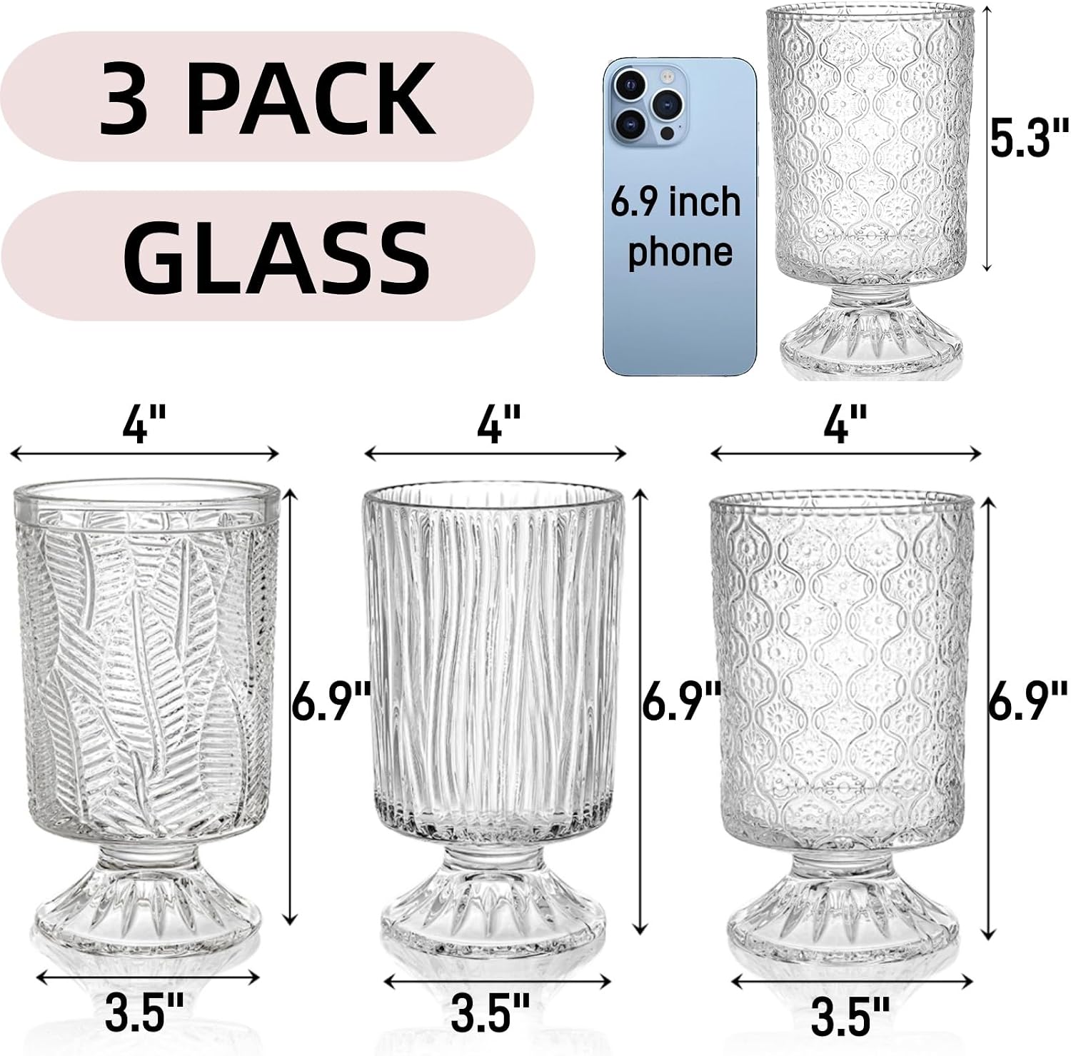 Pumtus 3 Pack Flower Vases for Centerpieces, Vintage Glass Pedestal Vase Set, Decorative Embossed Big Base Vase, Clear Hurricane Candle Holder, Medium Cylinder Vase for Wedding, Home, Party, Office