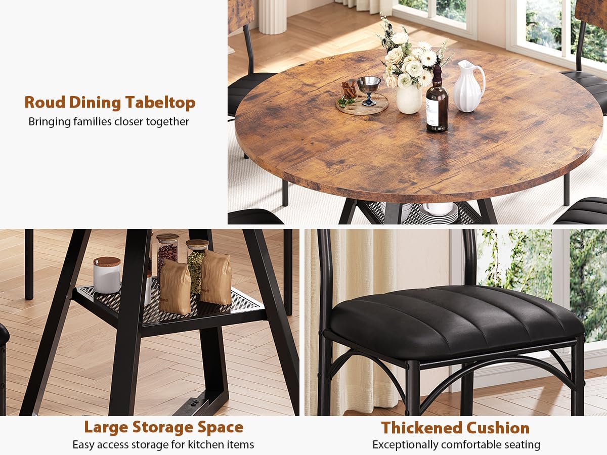 Dining Table Set for 4,Kitchen Table and Chairs for 4, Round Dining Room Table with Upholstered Chairs, 5 Piece Space Saving Circle Wood Kitchen & Dining Room Dinner Dinette Table Set (Vintage, 42In)
