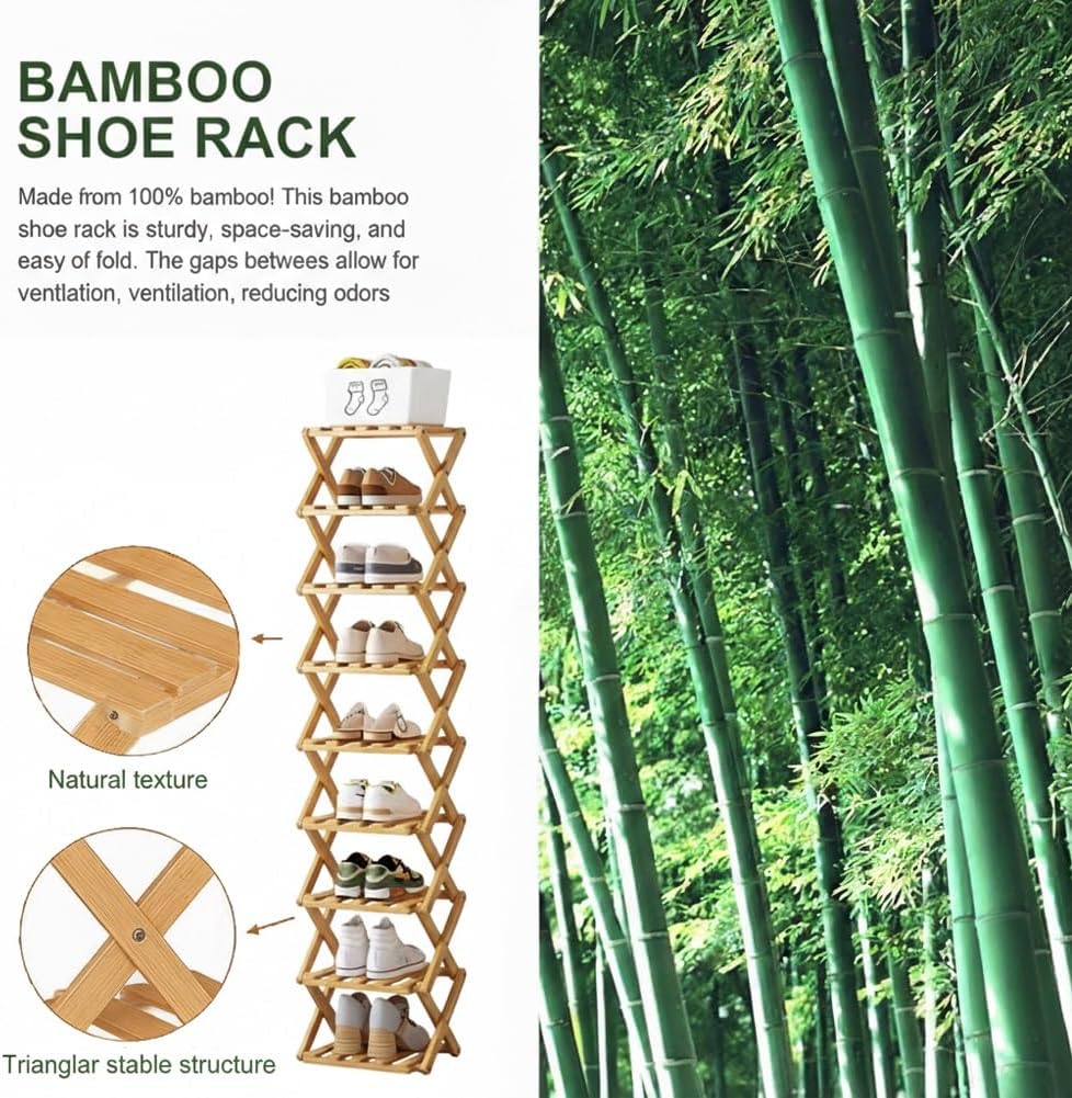 9-Tier No-Assembly Bamboo Shoe Rack, Space Stackable Multi-Storage Organizer, Strong Load-Bearing Capacity, Space-Saving, for Entryway Hallway Closet Bedroom Living Balcony, Natural eco-Friendly‌