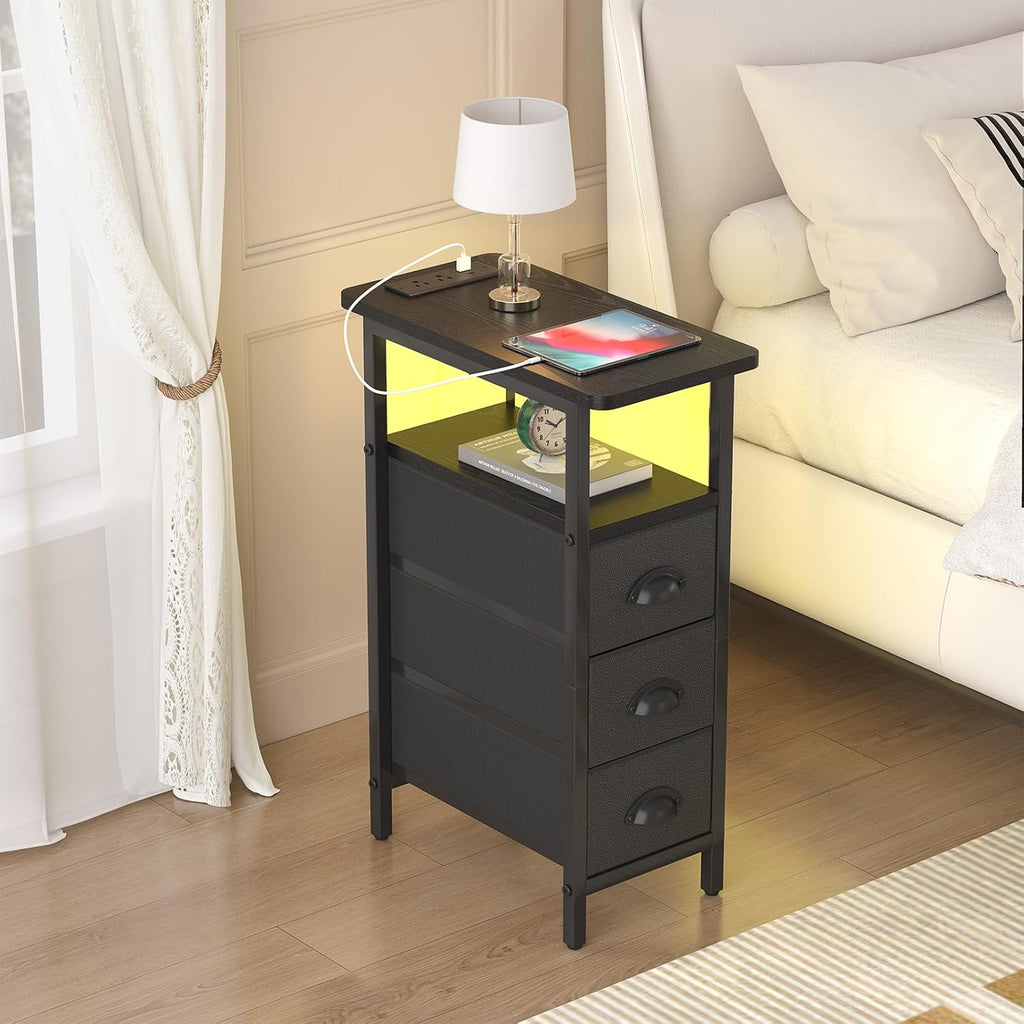 shtmec Narrow End Table Set of 2 with Charging Station, LED Side Tables Set 2 with Fabric Drawers, Small Bedside Tables Nightstands for Small Space, Slim Sofa Couch Table for Livingroom,Black