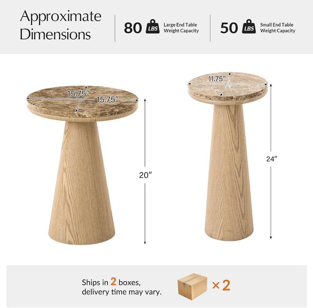 HULALA HOME Nesting End Tables Set of 2, Modern Side Tables with Genuine Marble Top and Oak Veneer Cone-Shaped Base, Sculptural Pedestal Accent Tables for Living Room and Bedroom, Oak