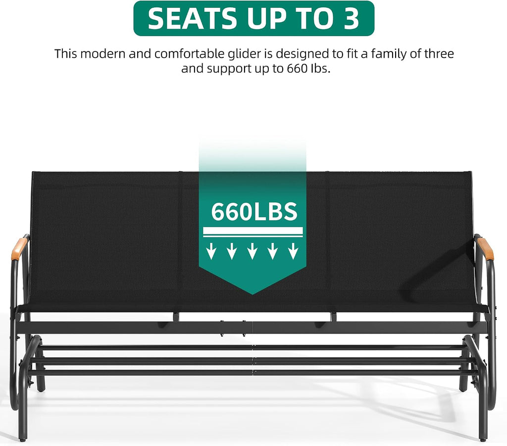YITAHOME 3-Person Glider Bench 660Lbs Capacity, Outdoor Glider Bench w/Coated Steel Frame & Breathable Textilene for Longer Seating Comfort, All Weather Outdoor Bench for Backyard Deck Garden, Black