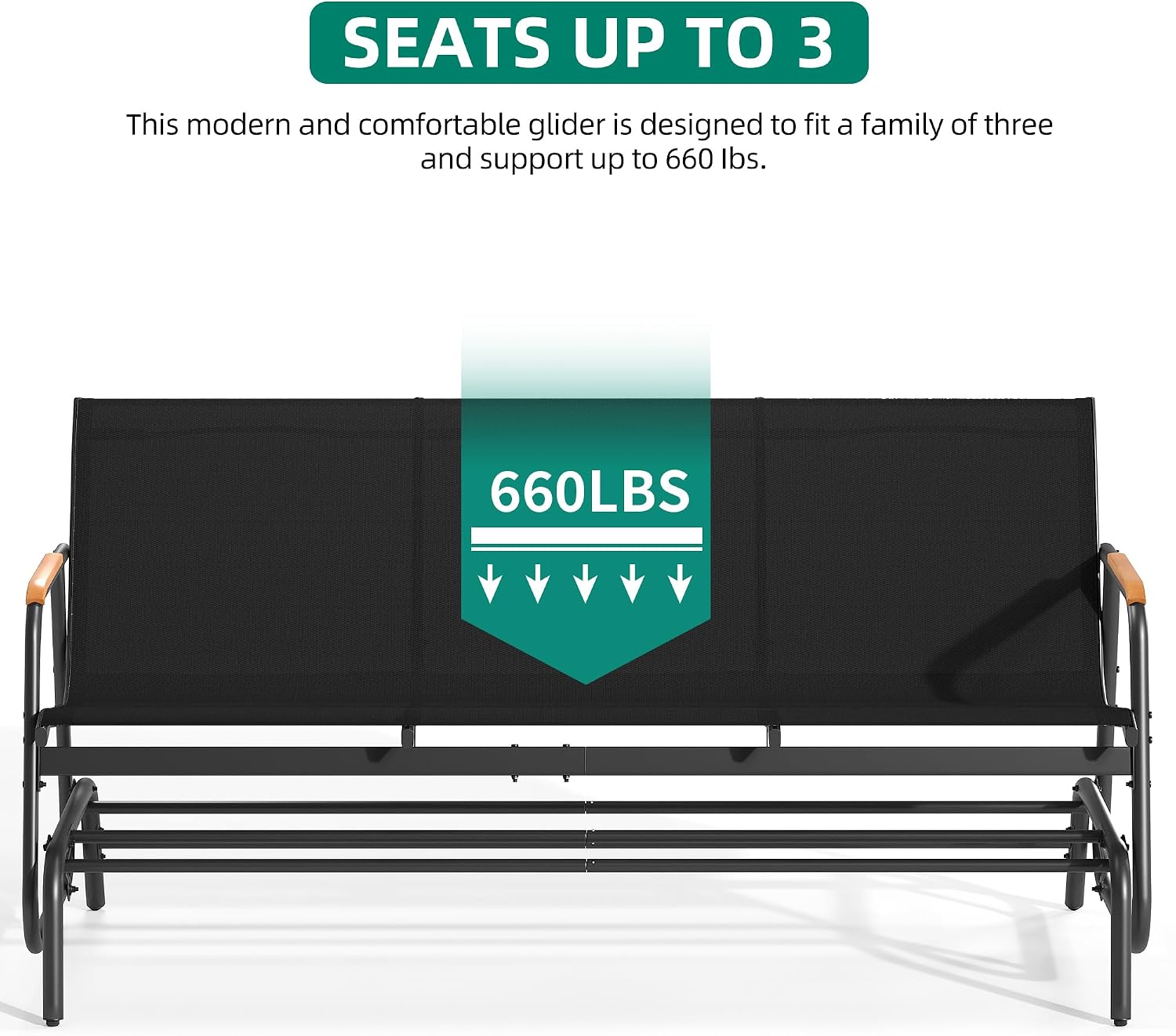 YITAHOME 3-Person Glider Bench 660Lbs Capacity, Outdoor Glider Bench w/Coated Steel Frame & Breathable Textilene for Longer Seating Comfort, All Weather Outdoor Bench for Backyard Deck Garden, Black