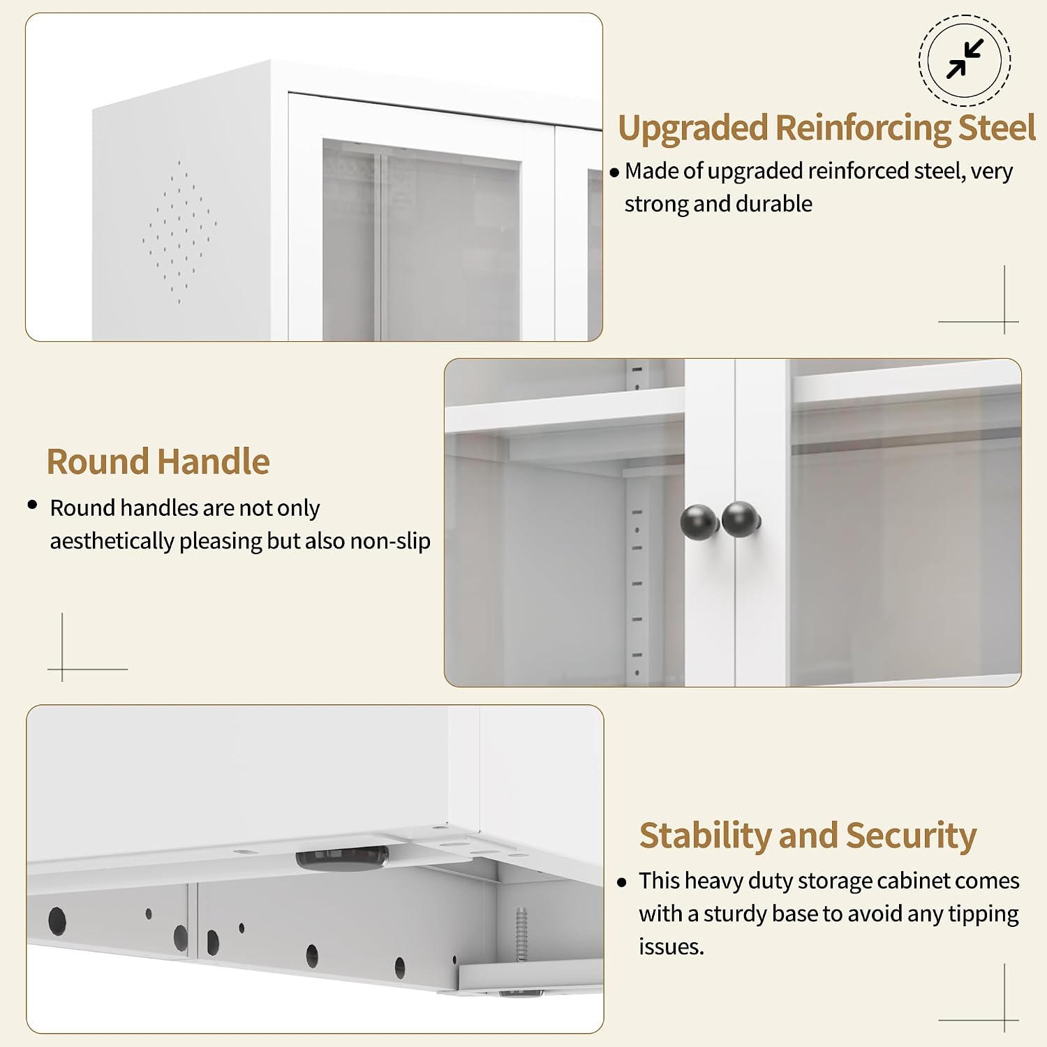 Kitchen Pantry Cabinet, 72" H Storage Cabinet with Glass Doors and Adjustable Shelves, Spacious Cupboard with Round Handles, Metal Kitchen Cabinet for Dining Room, Living Room, White