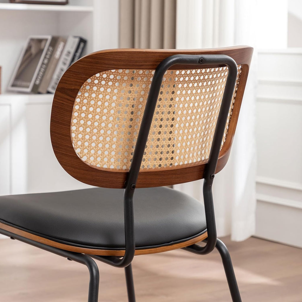 AQG Rattan Dining Chairs Set of 4, Mid Century Modern Dining Chairs, Cane Back Chairs, Cane Back Leather, Kitchen & Dining Room Chairs with Metal Legs (Black-PU, Set of 4-Rattan)