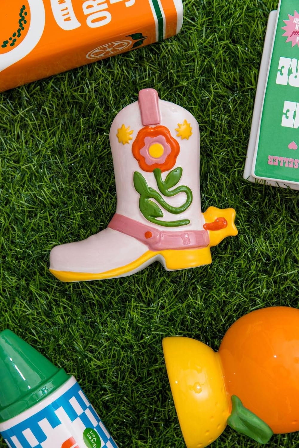 ban.do Small Ceramic Cowboy Boot Vase, Giddy Up | Cute Petite Cowgirl Boot, Colorful Ceramic Shelf Decor for Home or Office, Unique/Quirky/Funky/Fun Flower Vase or Pencil Cup