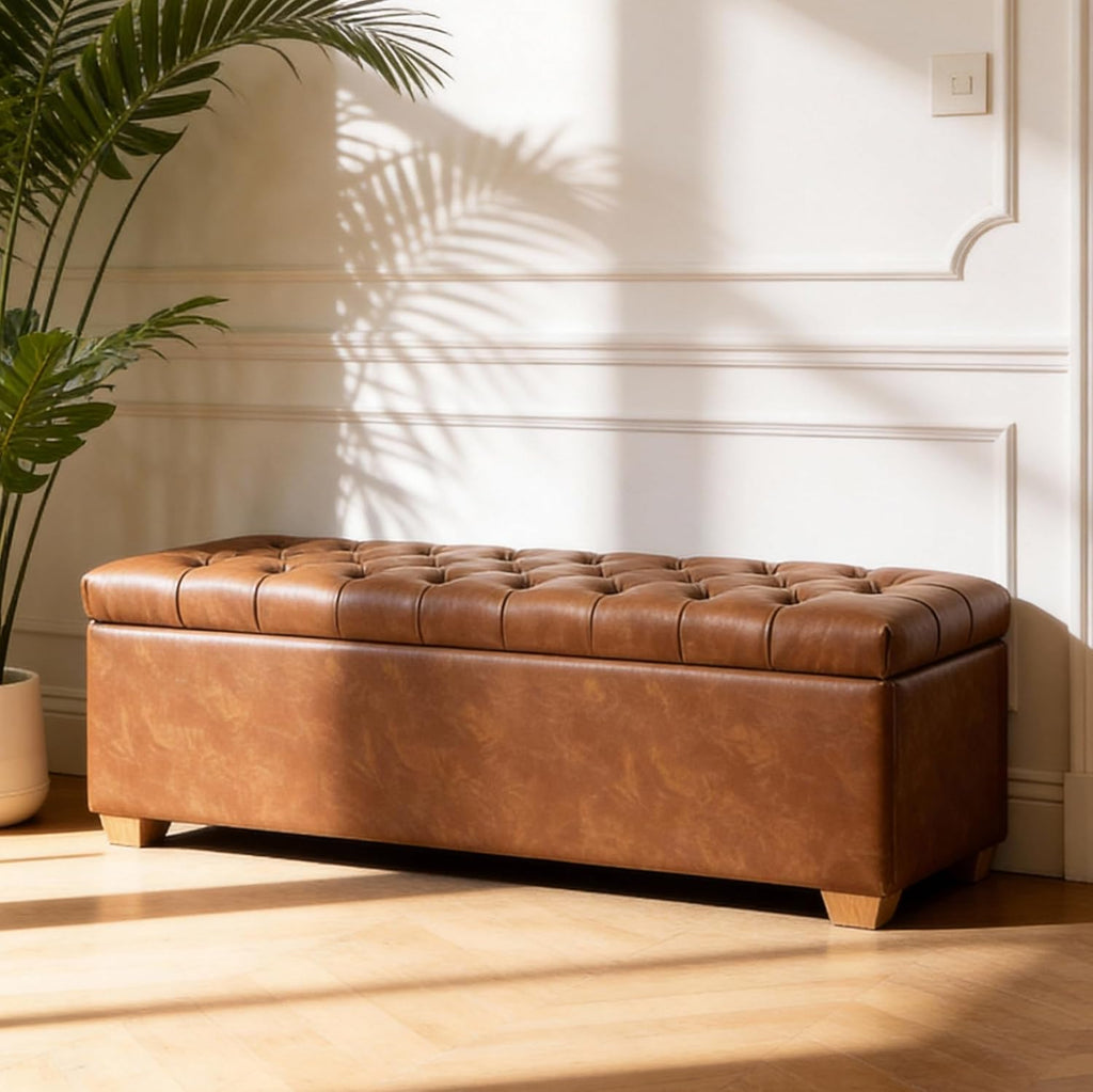 Aoiy & Wifon 60.2'' W Storage Ottoman Bench, PU Upholstered Ottoman with Storage, End of Bed Storage Bench with Wood Legs for Bedroom, Entryway, Window, Living Room, Brown