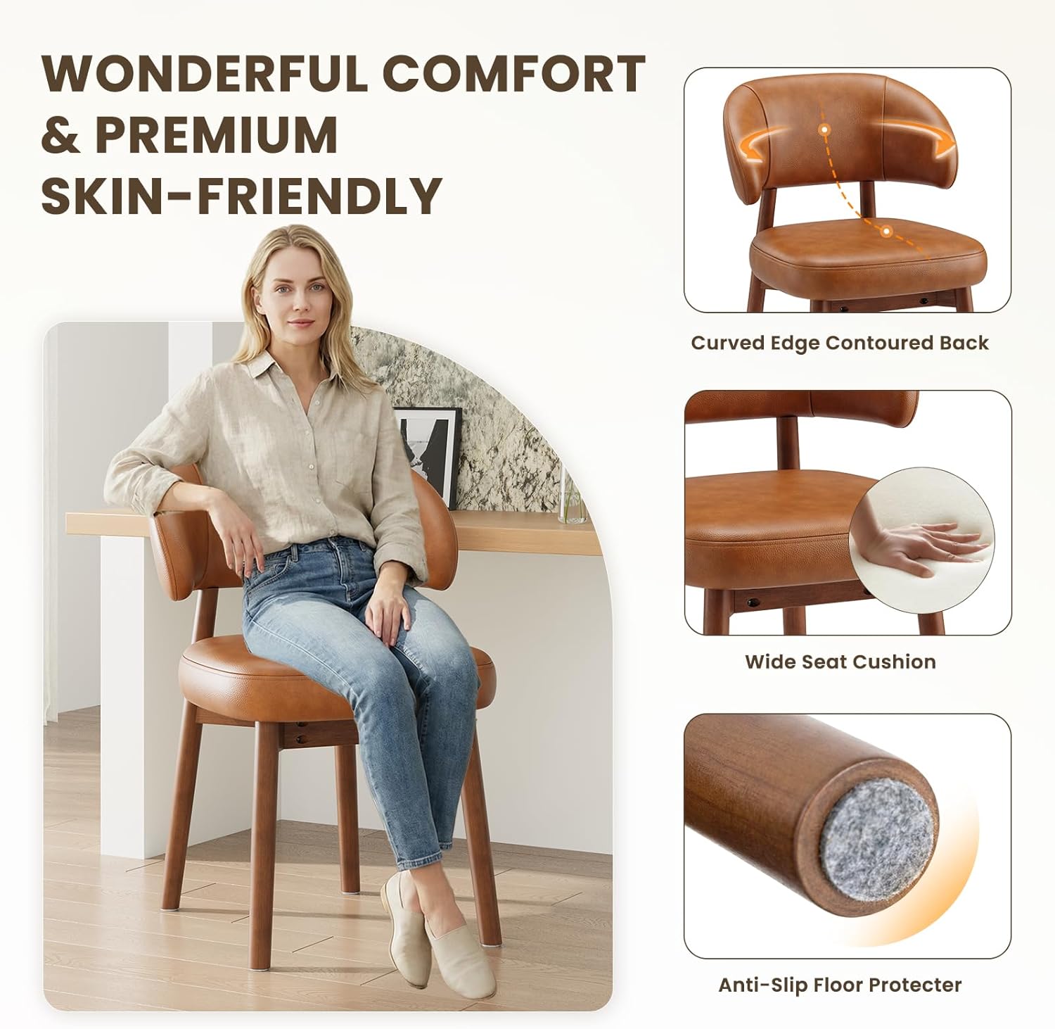 MALOL Wooden Dining Chairs Set of 4, Modern Upholstered Dining Room Chair, PU Leather Kitchen Side Chairs with Curved Open Back for Living Room/Restaurant/Cafe, Brown