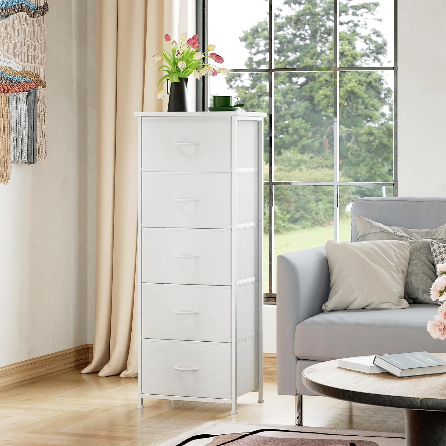 Somdot Tall Dresser for Bedroom, 5 Drawer Storage Cabinet, White | Fabric Dresser with Removable Bins, Steel Frame, Wood Top Home Furniture, Closet Organizer, Nursery, Dorm, Entryway Storage