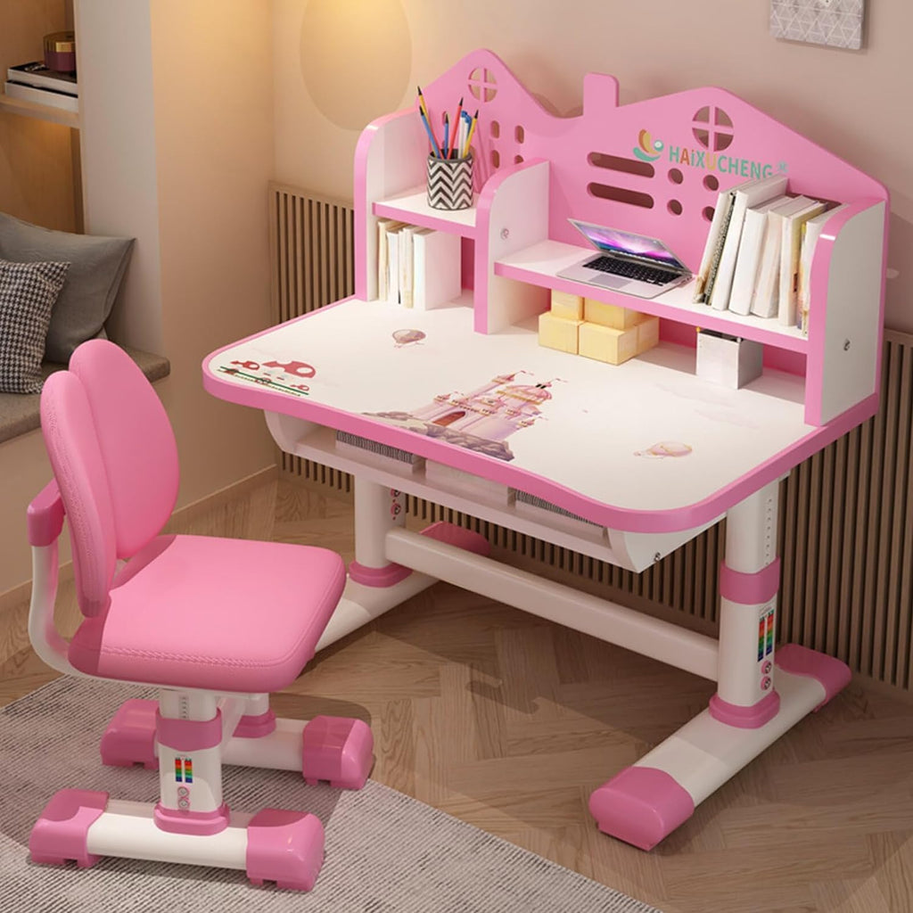 Kids Adjustable Height Desk and Chair Set with Drawer and Storage, Kids Table and Chairs School Study Desk for Kids Pink