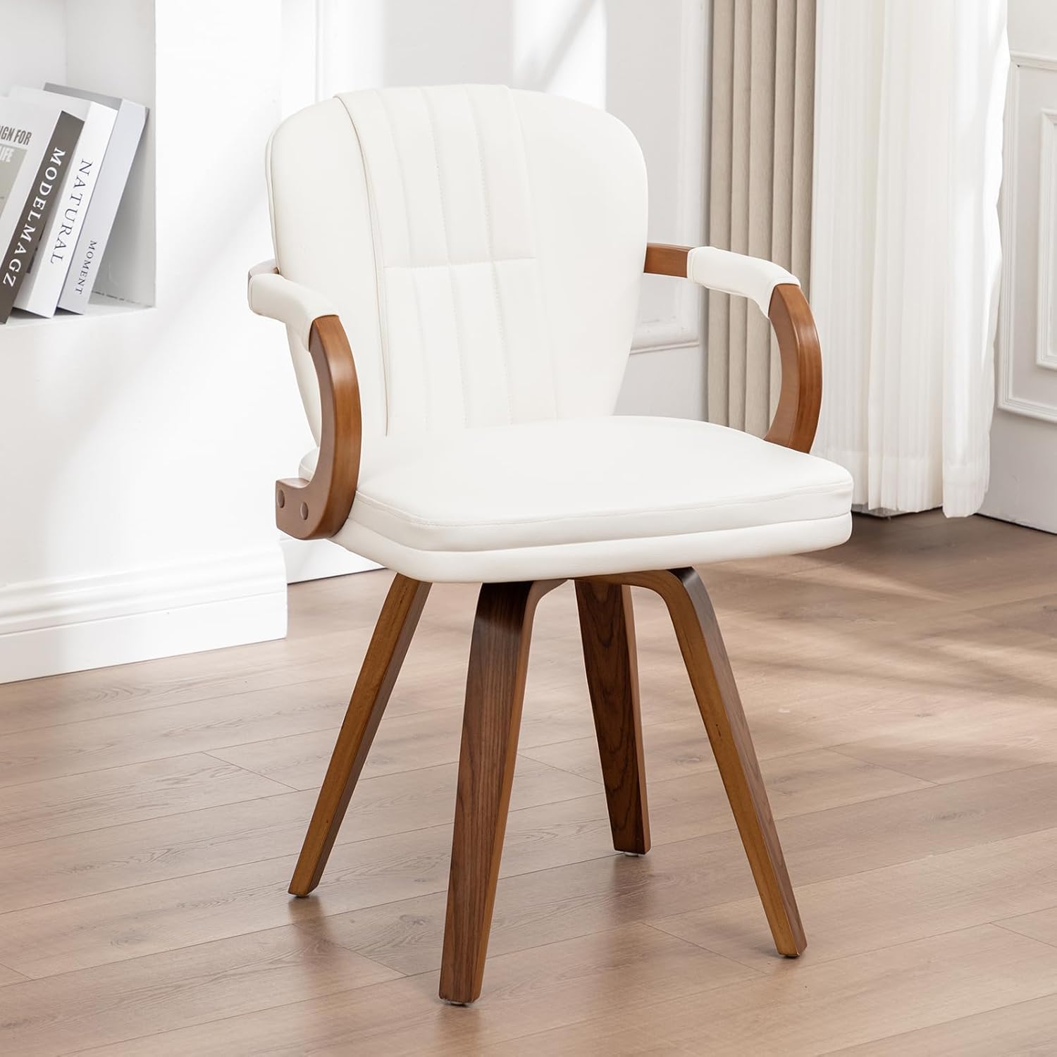 Swivel Dining Chairs Mid Century Modern White Faux Leather Upholstered Kitchen Chairs with Bentwood Frame Armrests Side Chairs,Comfortable Ergonomic Wood Accent Chair No Wheels,1PCS