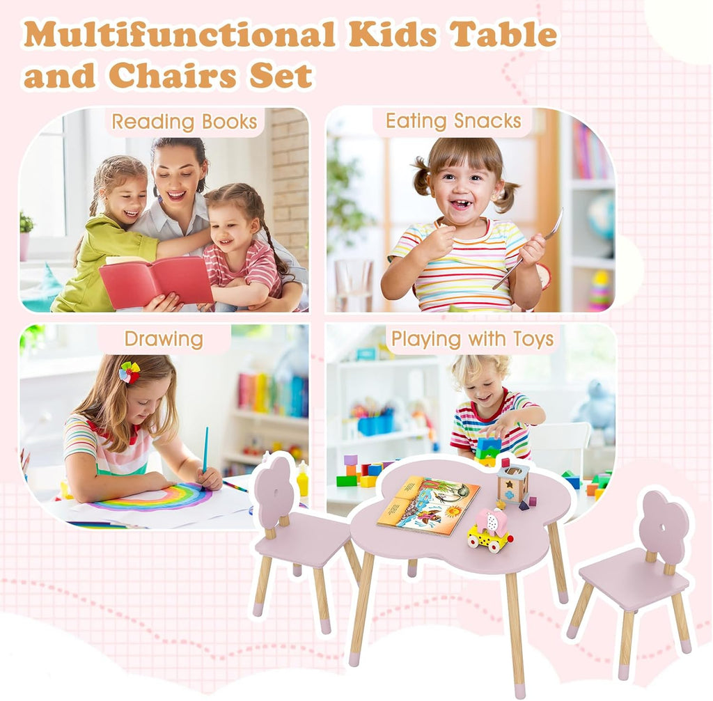 Costzon Kids Table and Chairs, Wooden Toddler Desk Set for Play, Art, Craft, Reading, Learning and Eating, Multi-Activity Table and Chairs for Classroom Daycare Home (Pink, Flower-Shaped)