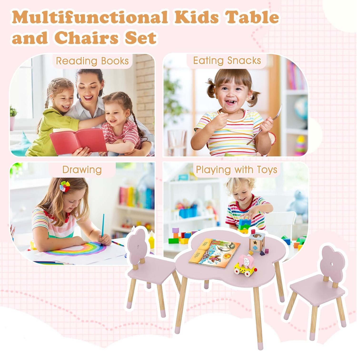 Costzon Kids Table and Chairs, Wooden Toddler Desk Set for Play, Art, Craft, Reading, Learning and Eating, Multi-Activity Table and Chairs for Classroom Daycare Home (Pink, Flower-Shaped)