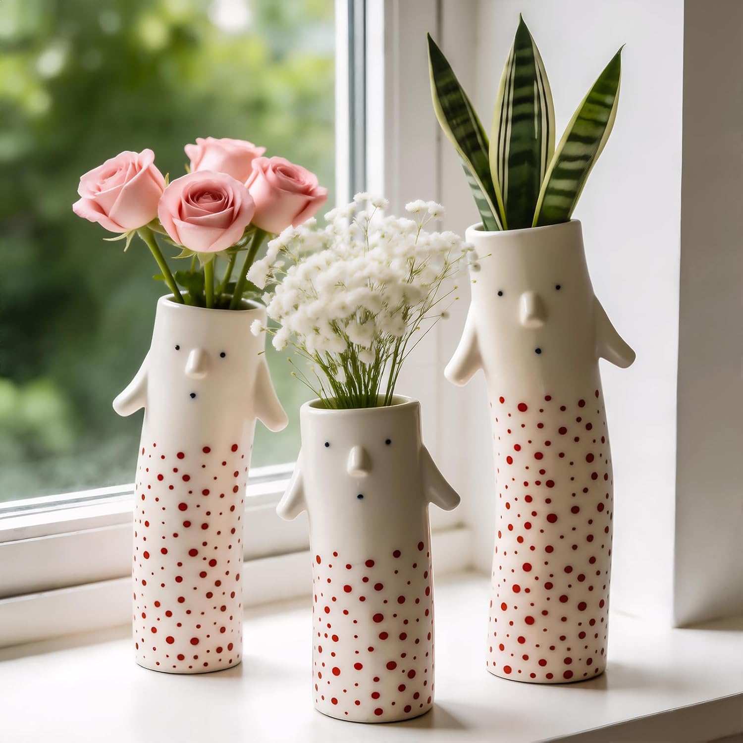 MOUGIGI Family Face Vases Set of 3 - Cute Handmade Ceramic Bud Vases for Pretty Flowers - Unique Modern Decor - Aesthetic Small Flower Holders for Home Elegance