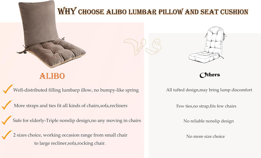 ALIBO Low Back Pain Relief Desk Kitchen Office Chair Lumbar Support and Tufted Seat Pads Cushion Nonslip Soft Recliner Backrest Pads with Adjustable Straps and Ties