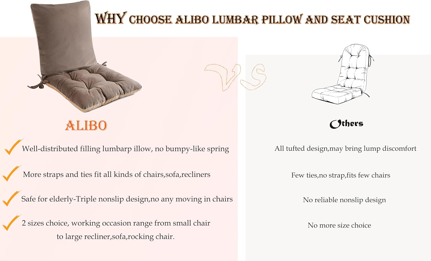 ALIBO Low Back Pain Relief Desk Kitchen Office Chair Lumbar Support and Tufted Seat Pads Cushion Nonslip Soft Recliner Backrest Pads with Adjustable Straps and Ties