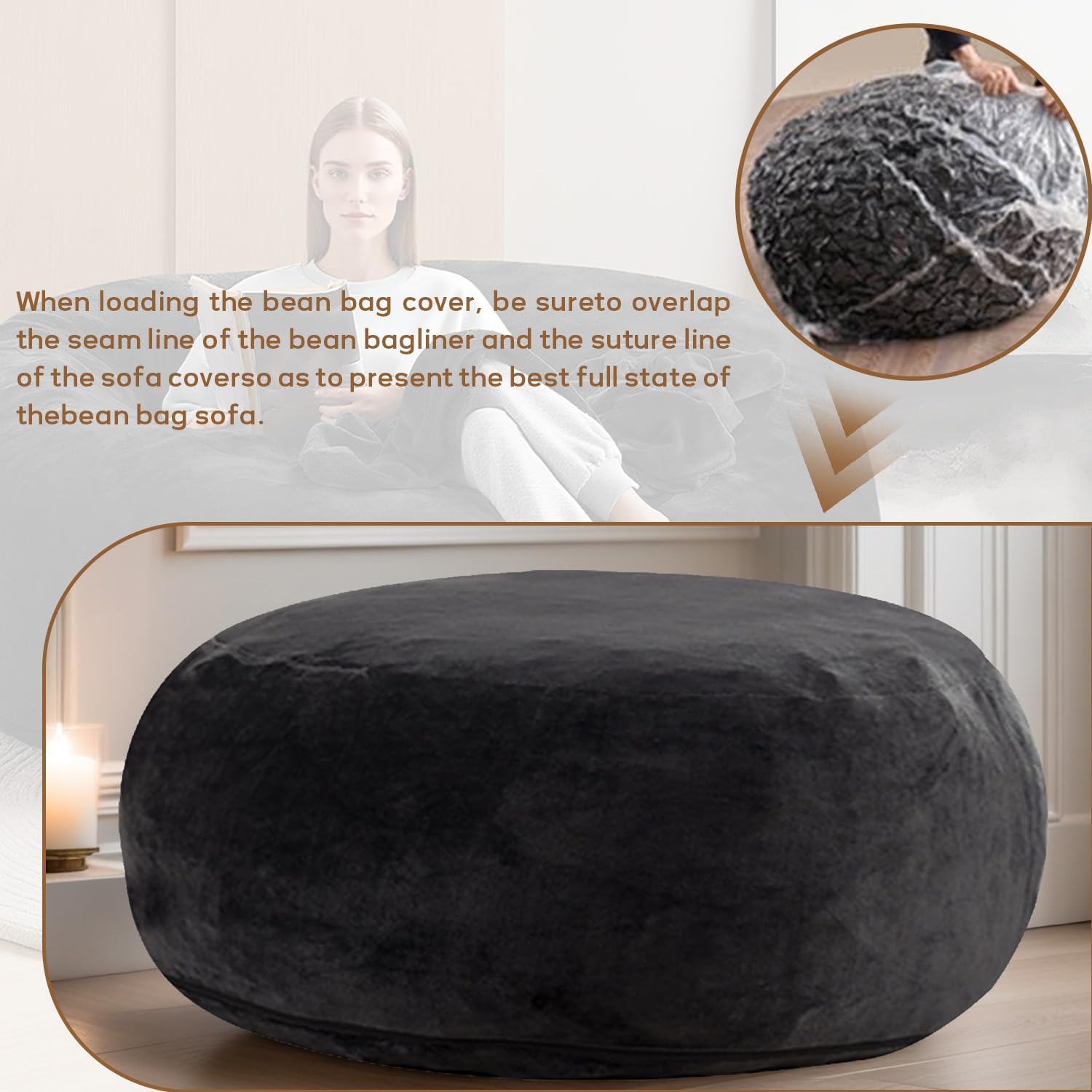 4FT,Big Bean Bag Chairs for Adults,Bean Bag with Filler Included,Memory Foam Bean Bag,Giant beanbag,Suitable for Reading Chairs in Living Room, Bedroom and Dormitory. (Black, 4 Foot)
