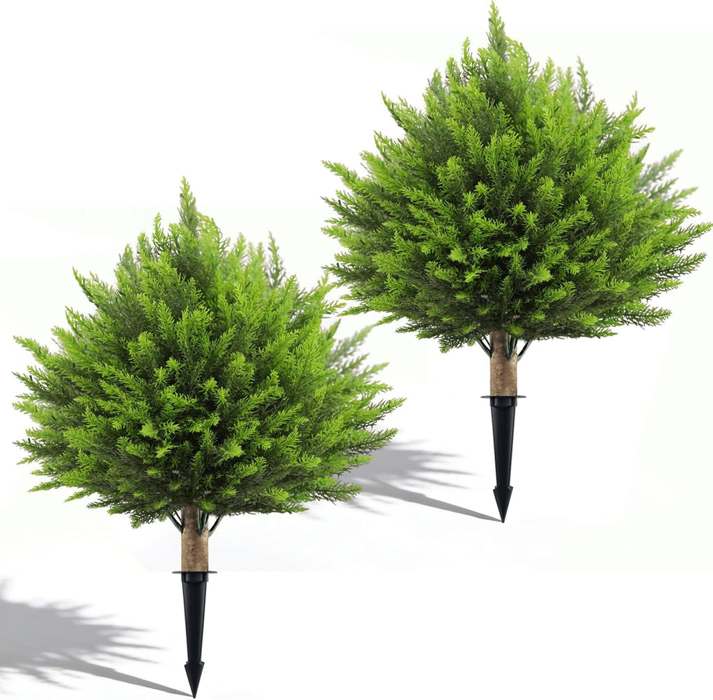 2 Set Artificial Cedar Topiary Ball Trees with Spike, 24" UV Resistant Fake Evergreen Shrubs Plants for Outdoor, Faux Cypress Bushes for Indoor Front Porch Garden