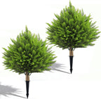 2 Set Artificial Cedar Topiary Ball Trees with Spike, 24" UV Resistant Fake Evergreen Shrubs Plants for Outdoor, Faux Cypress Bushes for Indoor Front Porch Garden