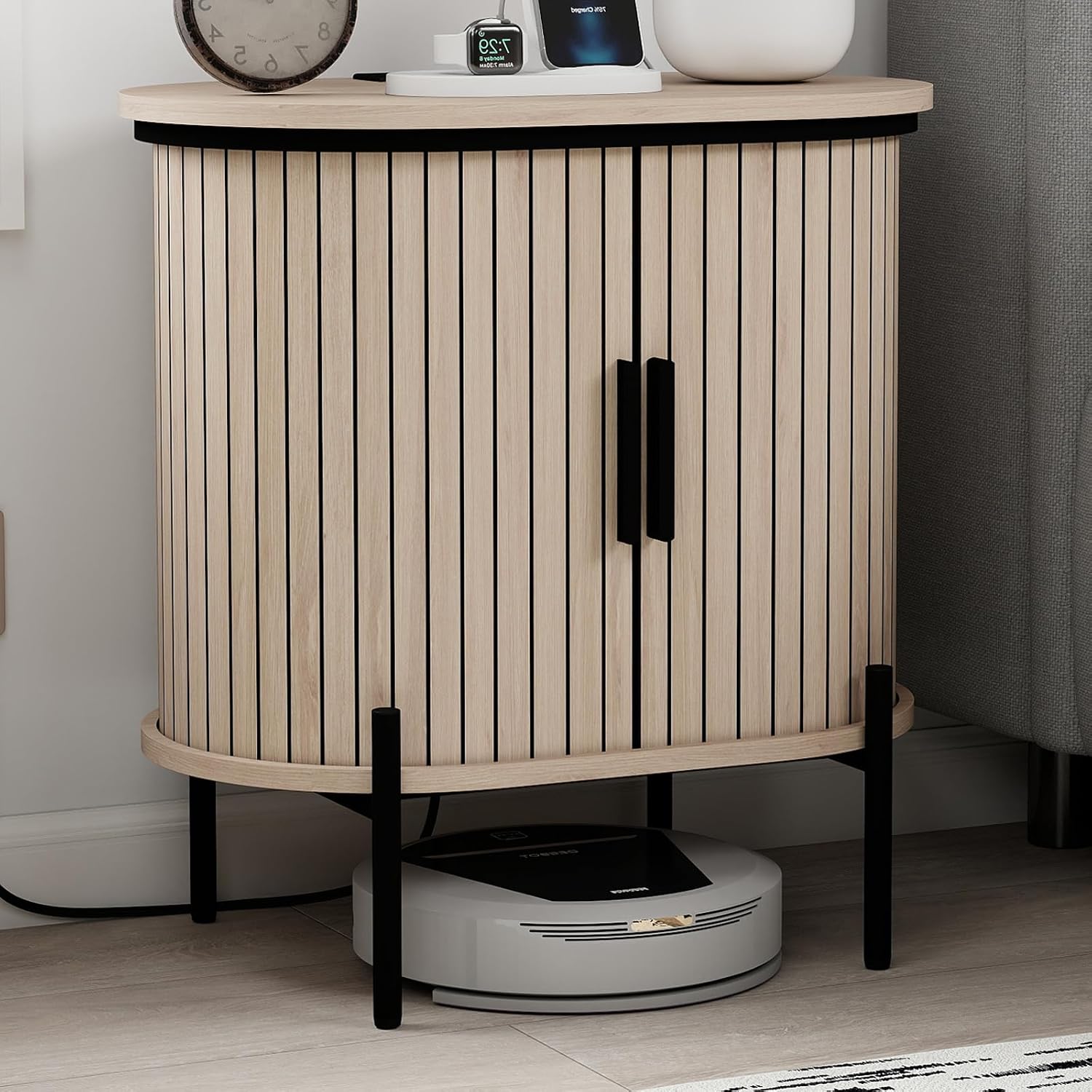 CANMOV Mid Century Modern Side Table,Oval Nightstand with Charging Station & Storage,Fluted Bedside Table with Sliding Doors,End Table for Small Space,Living Room, Bedroom,Kitchen,Oak