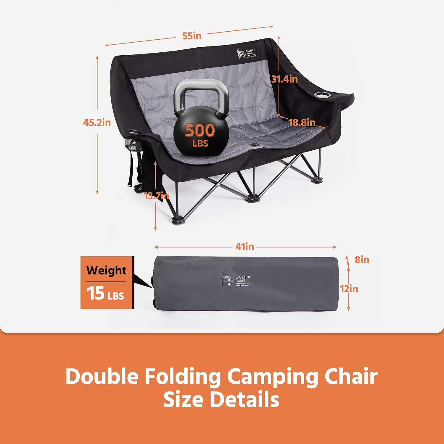 OUTSIDER Double Camping Chair, OversizedCamping Loveseat with Cup Holder, Heavy Duty PortableCamping Couch, Outdoor Double Folding Chair for Patio,Lawn and Garden, Black