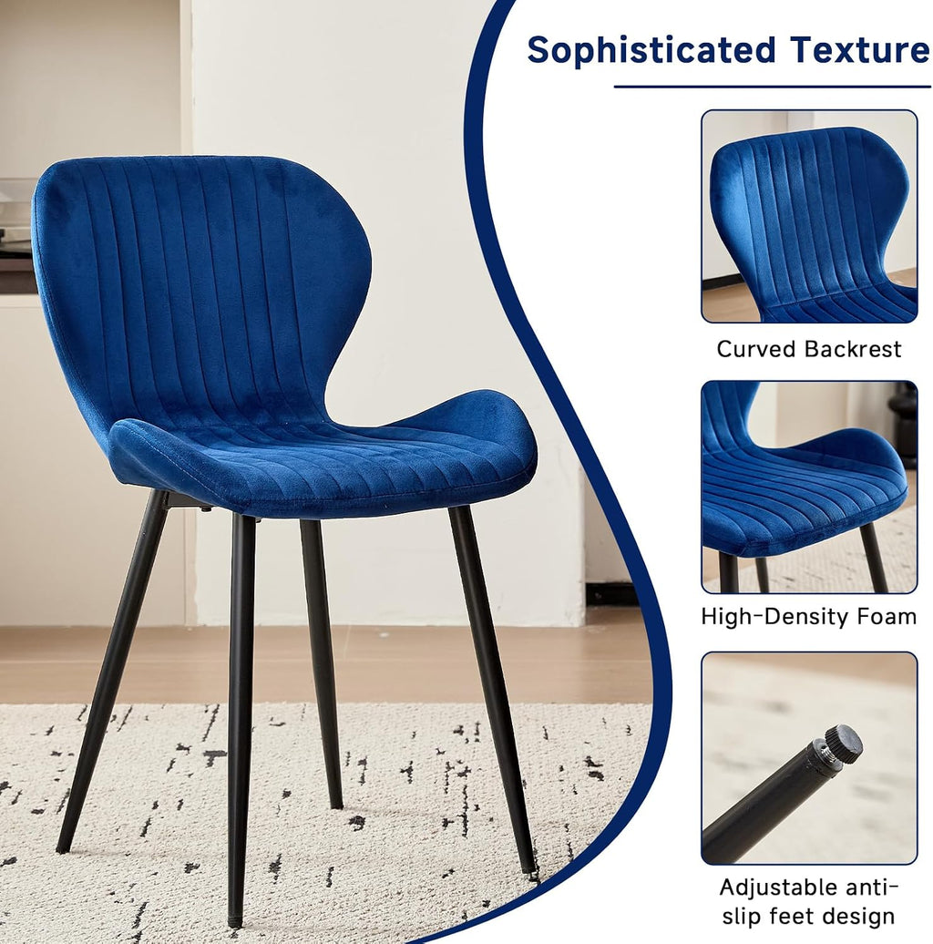 Velvet Dining Chairs Set of 4, Mid Century Modern Plain Color Upholstered Chair with Backrest Metal Legs for Kitchen, Bedroom, Living Room and Office, Blue(Only Chairs)