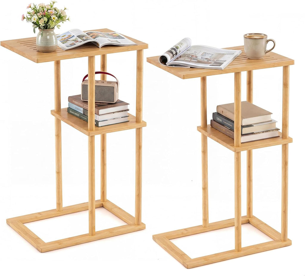 Giantex Bamboo Side Table Set of 2, 3-Tier Narrow End Table with Storage Shelves, Accent Sofa Couch Bedside Table, Boho Night Stand for Living Room Bedroom Small Spaces (16’’L x 11’’W x 25.5’’H)