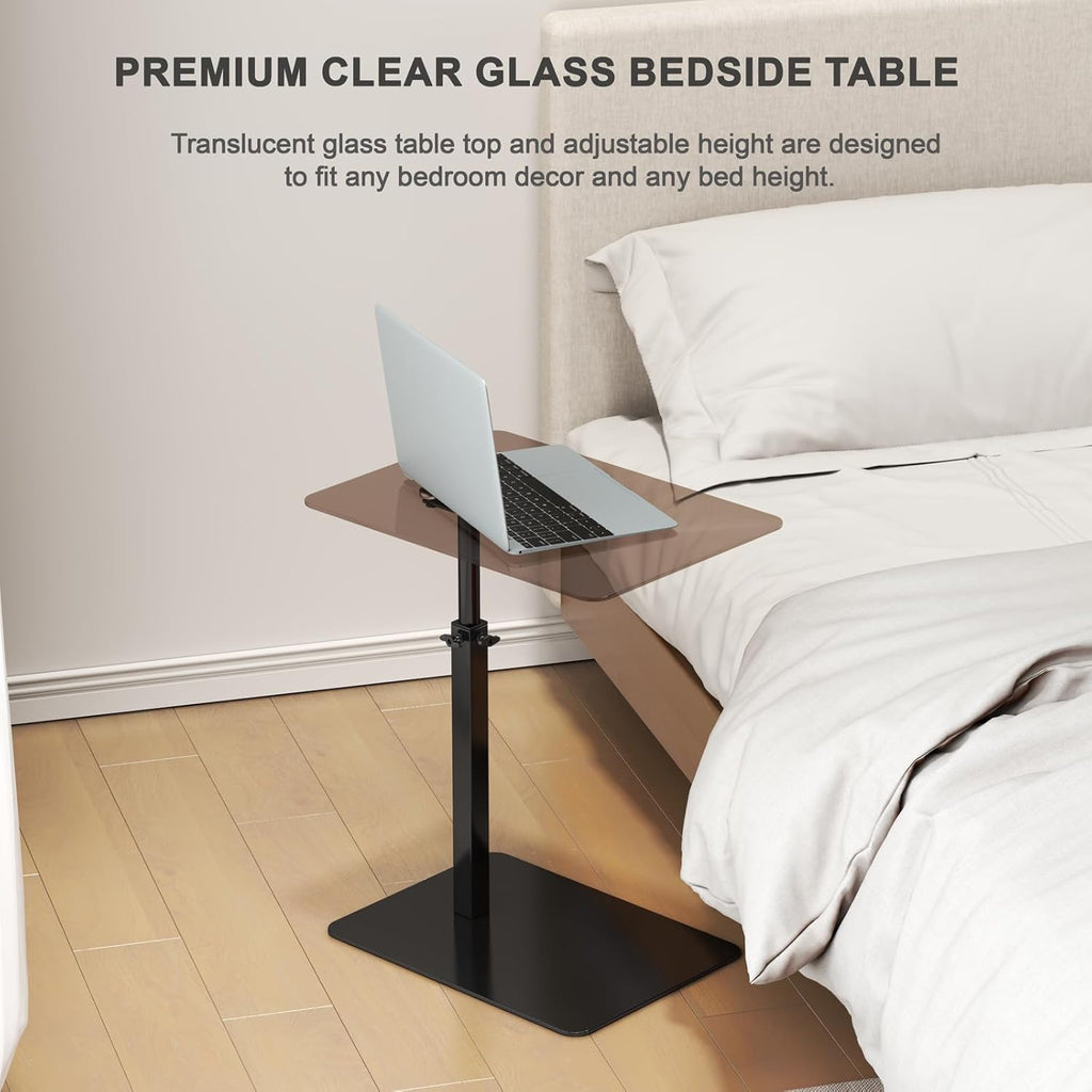 Glass C Shaped End Table Adjustable Height, Metal Base C Shaped Side Table for Sofa/Bed, 360°Swivel Couch Tables That Slide Under, Small Clear Coffee Table for Bedroom Living Room (Glass)