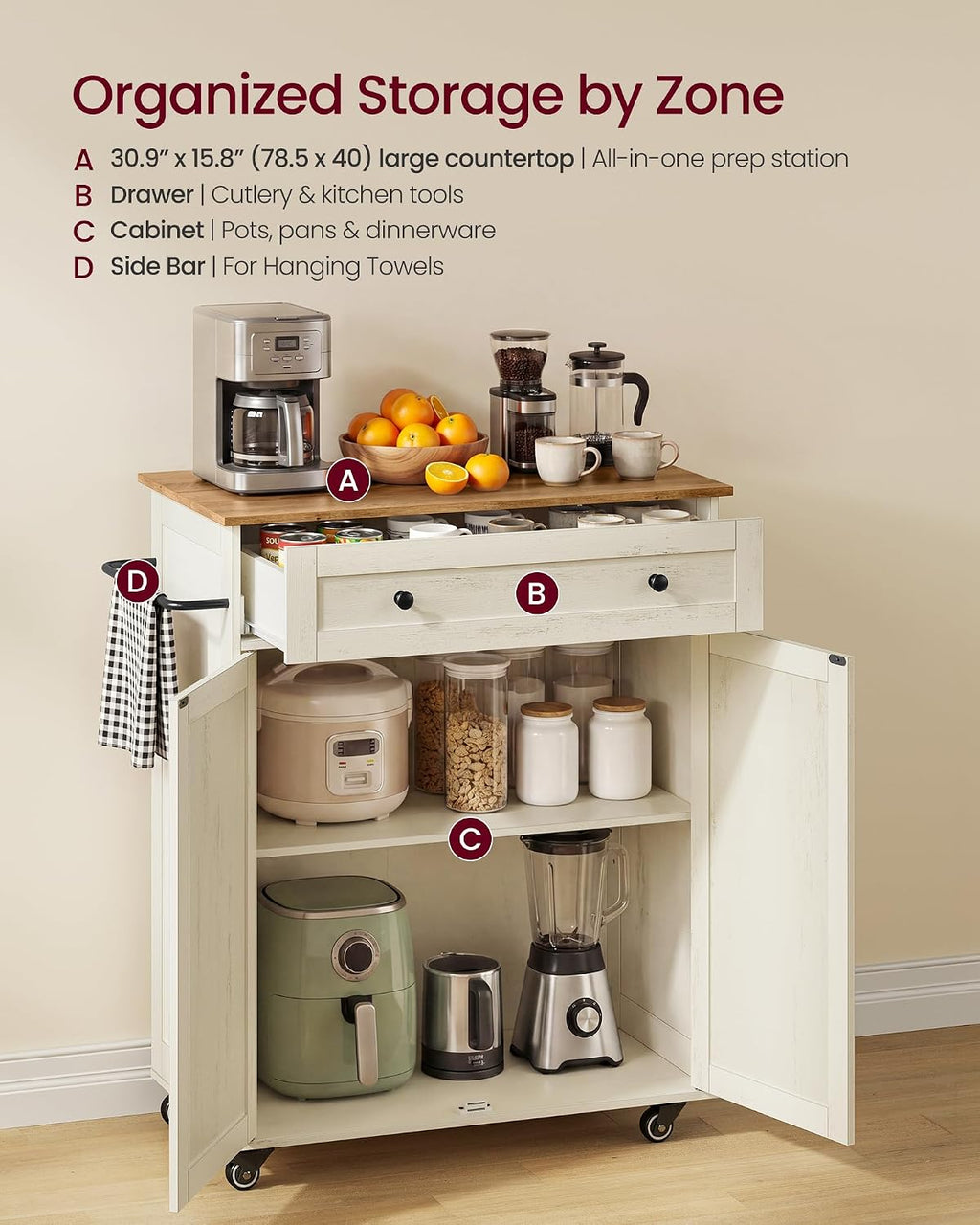 VASAGLE Mobile Kitchen Island, Portable Island on Wheels, Mobile Cart with Storage Cabinet for Dinning Room, 15.8 x 30.9 x 35.1 Inches, Rustic White and Honey Brown UKKI009WJ01S