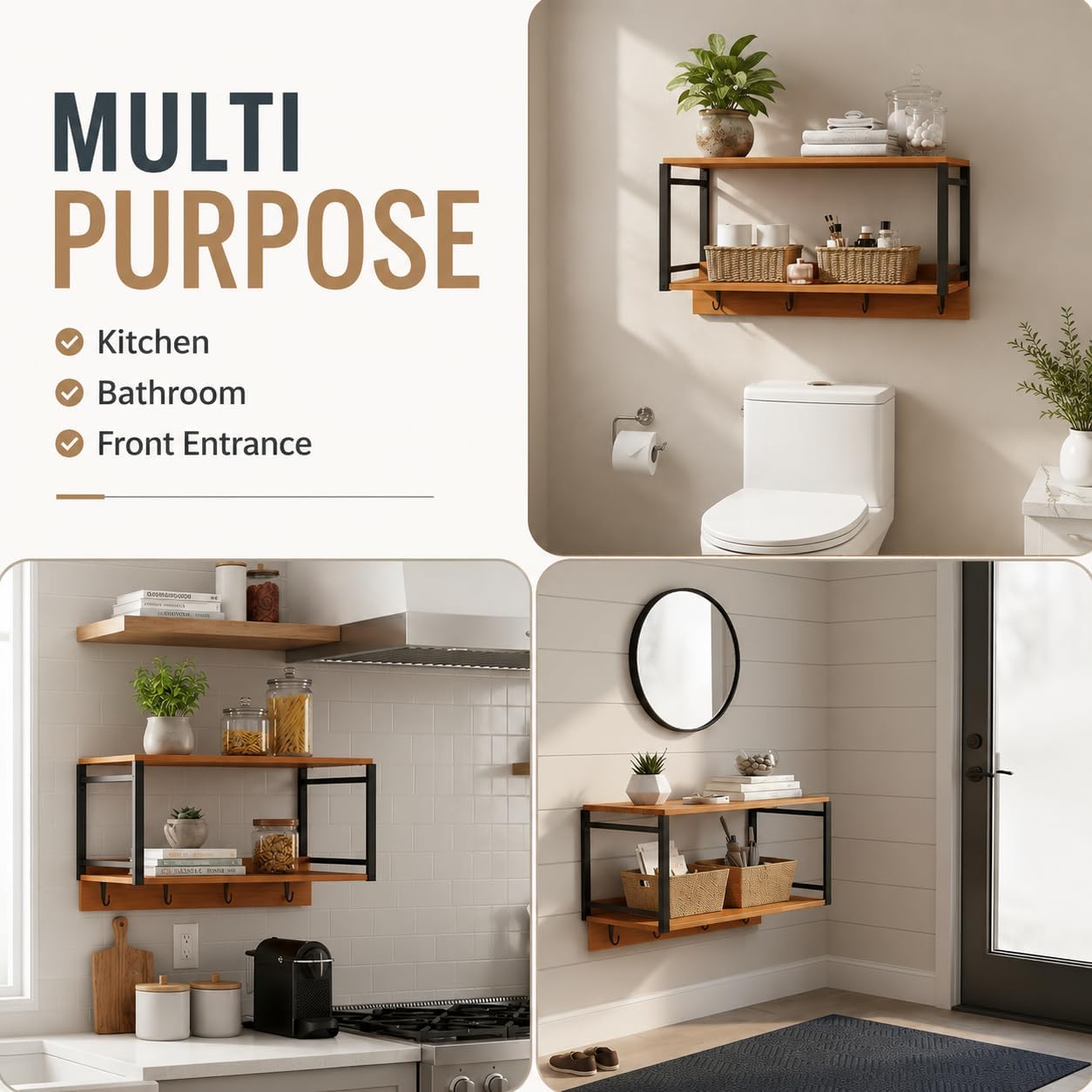 Wall Mounted Nightstand with Storage Shelf, Floating Bedside Table with Hooks, Space-Saving Modern Nightstand for Bedroom, Dorm Room, or Small Spaces
