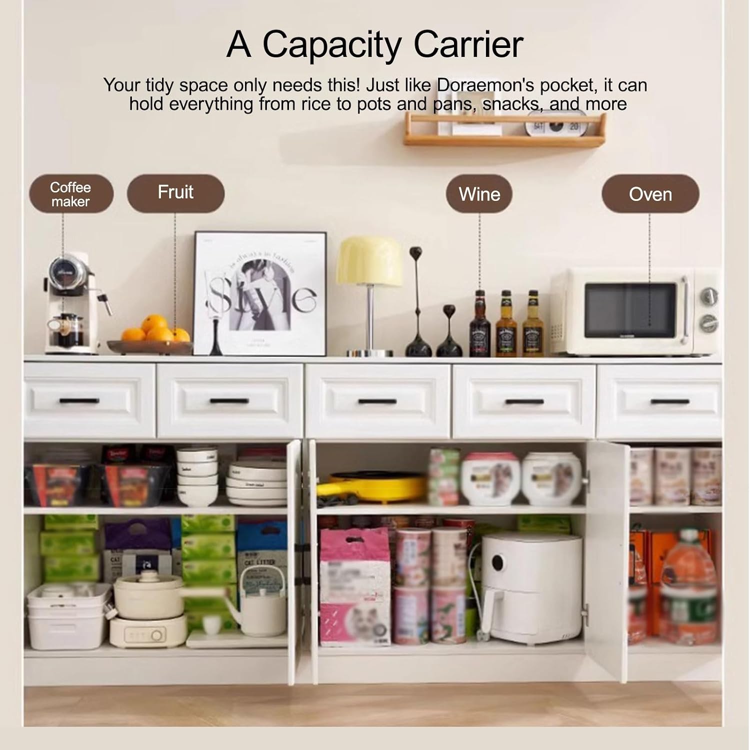 Pantry Storage Cabinet, Modern Hutch with Storage Drawers, Drawers and Adjustable Shelf, Freestanding Kitchen Cupboard, Food Pantry for Living Room, Dining Room