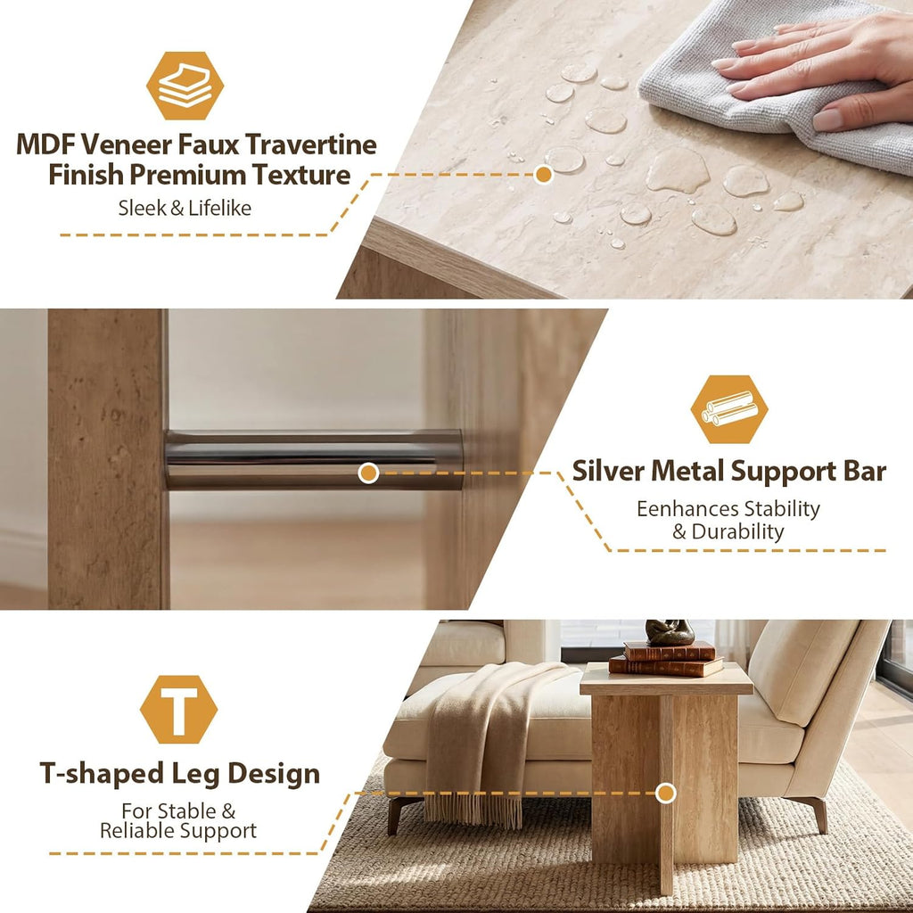 Hyfirm Faux Travertine Side Table for Living Room: Modern Sofa Couch End Table with Silver Metal Support Bar Small Accent Table for Bedroom Night Stand Bathroom Small Spaces (Natural Beige)