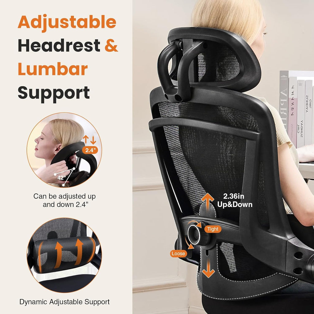 DUMOS Executive Office Ergonomic Desk Chair, 300 LBS Home Mesh Chairs with Wheels, 2D Headrest, Up&Down Lumbar Support, Swivel High Back Computer Chair with Flip-up Armrests, Black