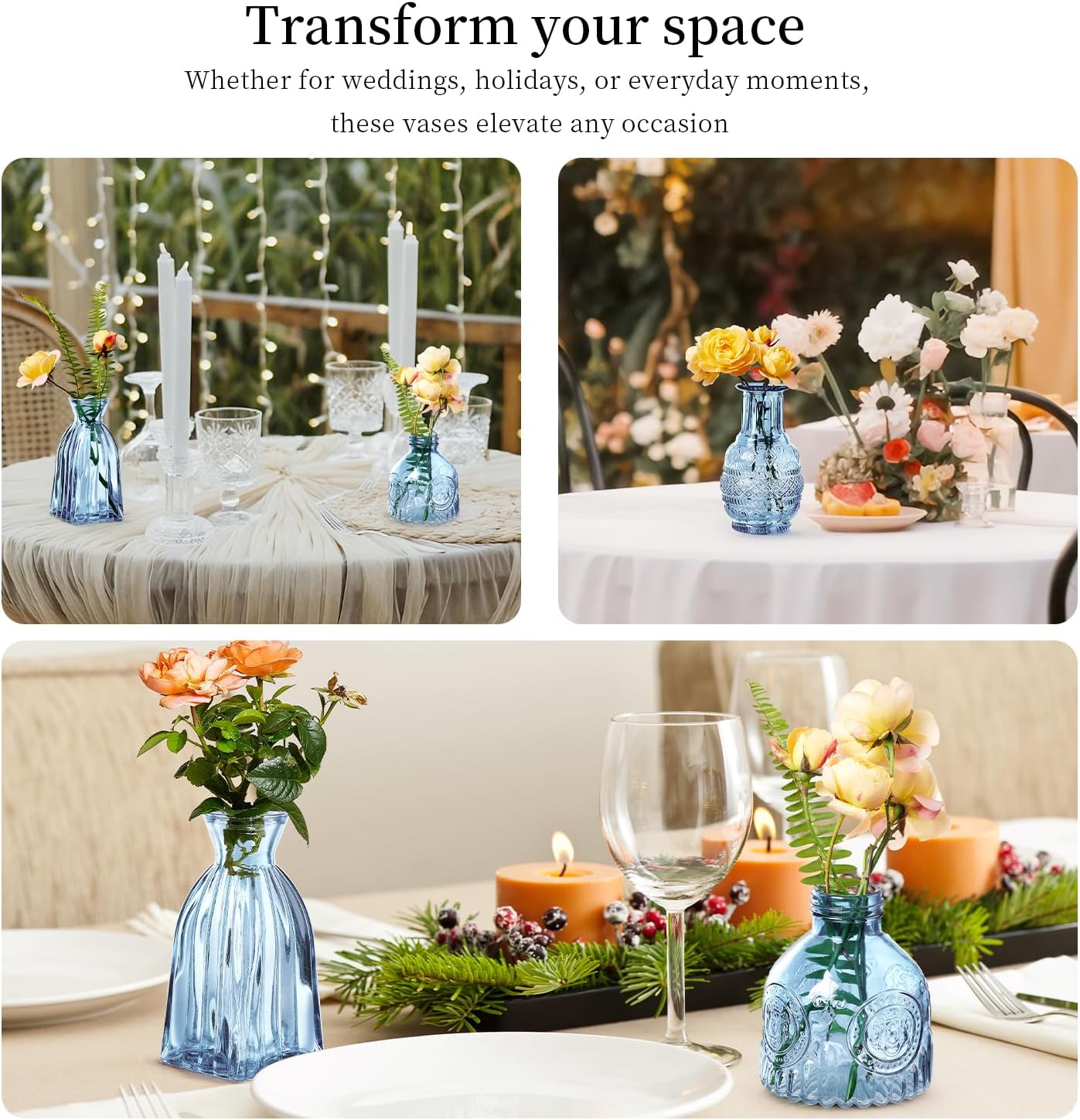 Glass Bud Vases Set of 32 - Blue Assorted Small Mini Glass Vases for Flowers, Crystal Vintage Vase Set, Bulk Centerpieces for Table Décor, Wedding, Home and Events (Blue, 32 Pcs)